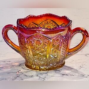 VTG Indiana Glass Heirloom Sunset Amberina Carnival Glass open sugar bowl Large